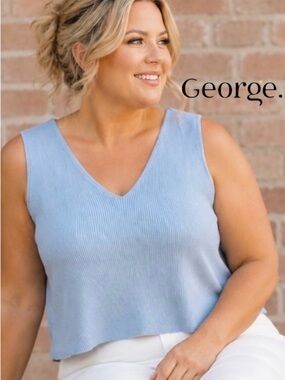 22-24W George Ribbed V-Neck Sweater Vest/Tank Top in Skyline Blue